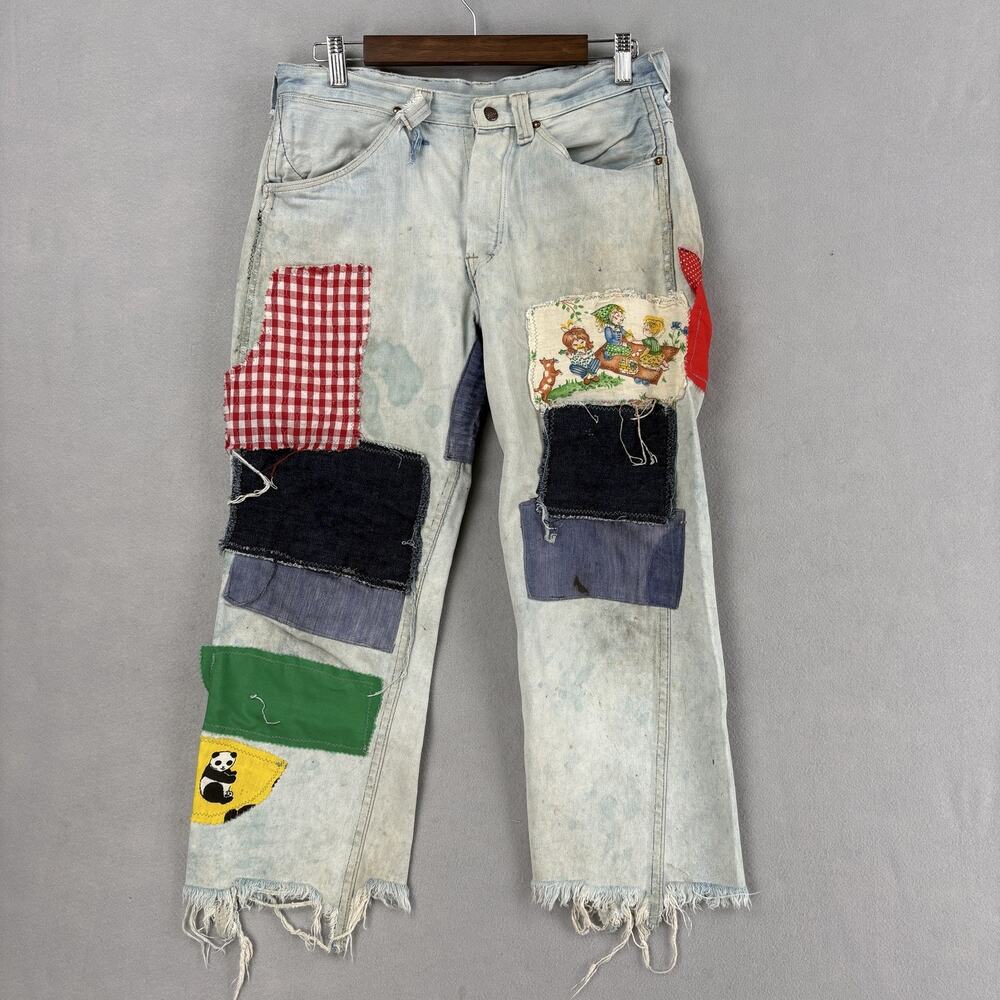 Vintage Patchwork Jeans Womens 31 Light Wash Heart Smiley Panda Hippie Boho